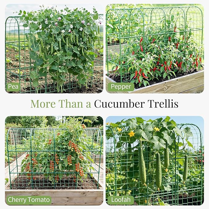 Housolution Cucumber Trellis for Raised Bed, 67"×48" U-Shape Garden Trellis for Climbing Plants Outdoors with 2×3m Net for Tomato Squash Zucchini Peas Beans Grape Fruit Flowers, Green