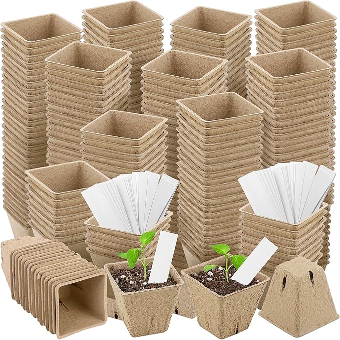 Hahood 120 Pieces Peat Pots Plant Starters 2.3 Inch Square Peat Pots for Herb Seedlings Garden Germination Nursery Pots Organic Germination Plant Starter with Plant Markers Labels for Plants Supplies
