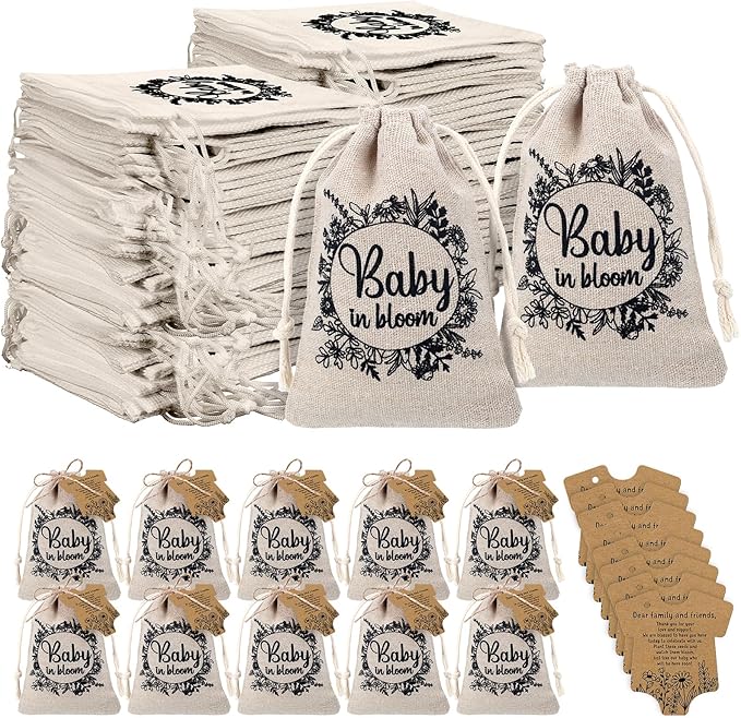 Fumete 25 Sets Baby Shower Party Favors for Guests Baby in Bloom Seed Packets Wildflower Organizer Seed Packets Burlap Bag with Drawstring Thank You Cards and Twine for Party Favor Guests, No Seeds