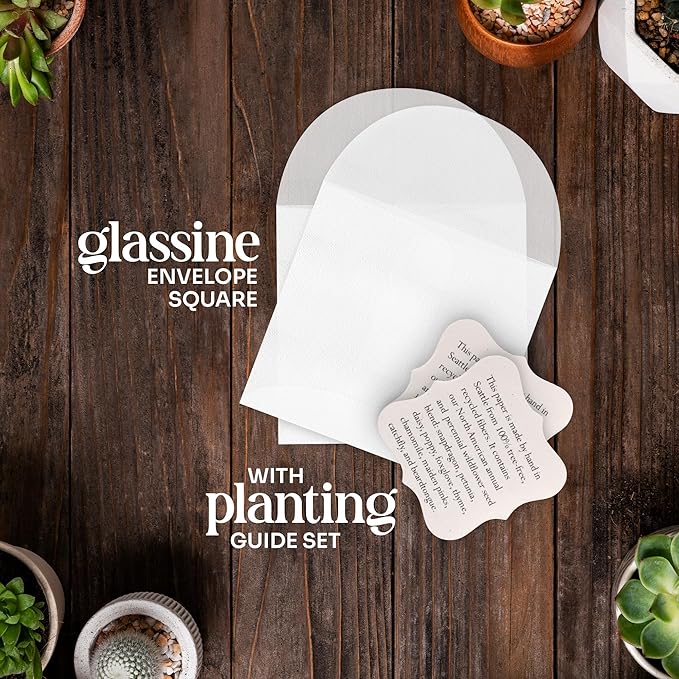 Seed Bloom 50 Sets of Square Planting Guide with Glassine Envelopes – Perfect for Seed Paper Products, Wedding Favors, and Gift Sets (Square Shape)