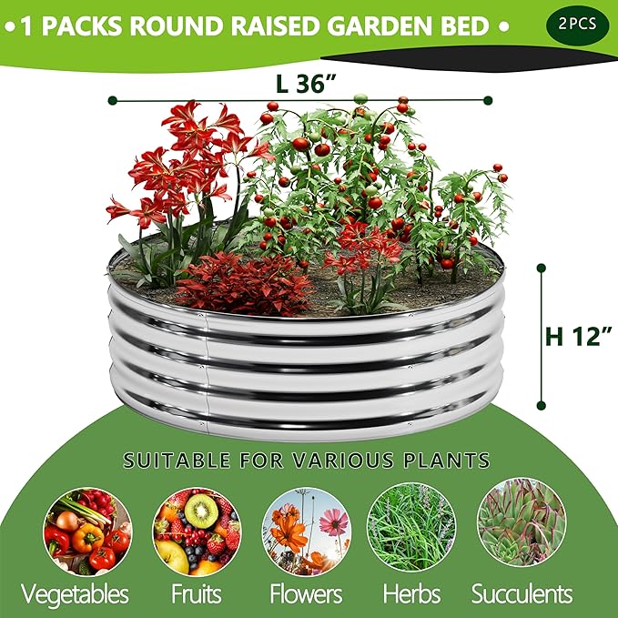 DIIYIV 2PCS 3x3x1FT Galvanized Raised Garden Bed Kit,Vegetable Boxes-Round Metal Flower Box,Large Planter Raised Beds Outdoor Garden for Planting,Fruit,Herb-Silver