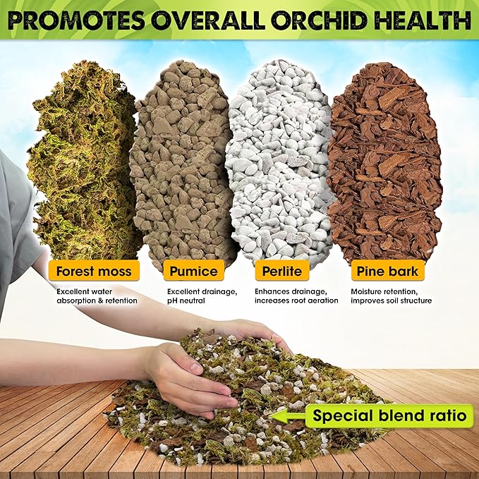 [Upgraded] DUSPRO Orchid Potting Mix for Repotting with Forest Moss, Pine Bark, Perlite & Pumice Natural Ingredients, Orchid Bark Potting Mix, Orchid Repotting Kit Drainage Indoor Potting Medium 6QT