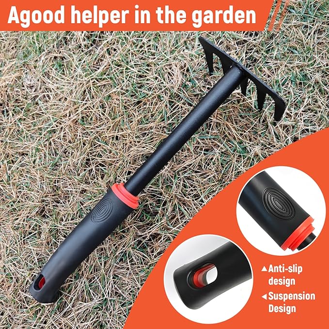 Small Garden Rake, Hand Rake & Cultivator Tool with Non-Slip Handle – Hand Weeder for Weeding, Tilling Soil, Planting