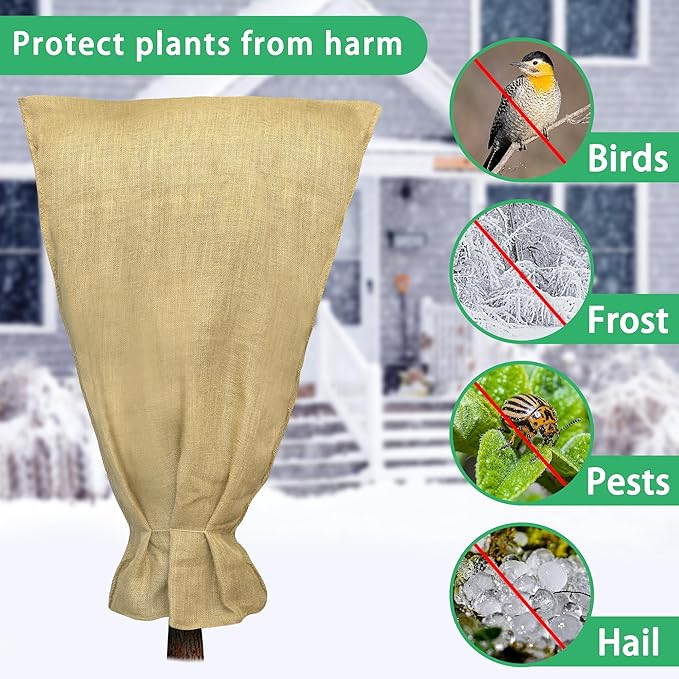 70" x 45" Large Burlap Winter Plant Cover Bags- Reusable Burlap Frost Cloth Plant Freeze Protection- Warm Burlap Sacks Plant Frost Blankets with Twine for Outdoor Garden Trees Potted Plants