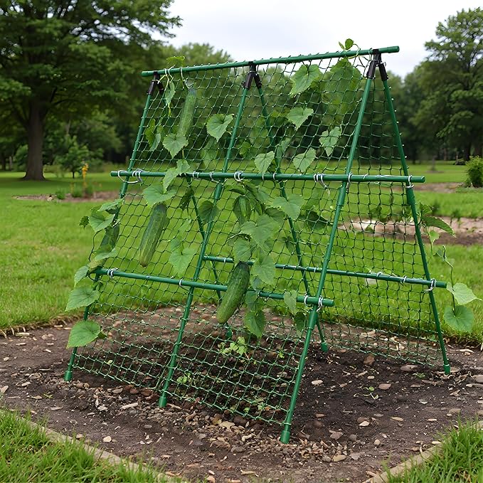 Garden Trellis for Climbing Plants, 4x4 ft Metal A-Frame with Support Netting, Outdoor Vegetable Trellis for Tomatoes Cucumbers Peas Beans Grape Vines, Fits Raised Beds, Green
