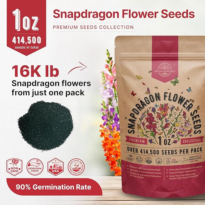 414,500+ Snapdragon Flower Seeds Pack 1 oz - Non-GMO Heirloom Snapdragon Seeds for Planting Indoor & Outdoor Gardening, Flower Seed for Home and Garden in Individual Packet, Floral Perennial Mix