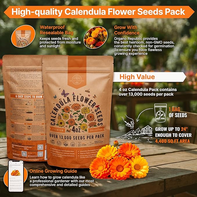 Calendula Seeds Pack 4 oz - Over 13,000 Non-GMO Heirloom Calendula Seeds for Planting Indoor & Outdoor Gardening, Flower Seed for Planting Home and Garden, Flowers Seed in Individual Packet
