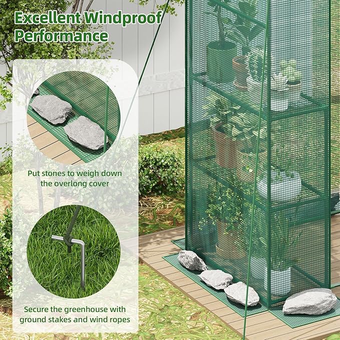 Superlele Walk-in Greenhouse for Outdoor, 56x29x77 Inch Portable Garden Green House with 6 Tiers (3 Tiers Each Side), Reinforced Green PE Mesh Cover, 4 Ground Stakes for Stability, Zippered Door