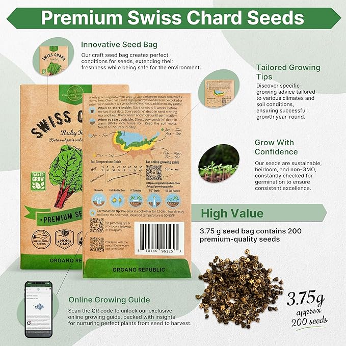 Organo Republic Swiss Chard Ruby Red Seeds Pack 3.75G - Over 200 Non-GMO Heirloom Swiss Chard Seeds for Planting Greens in Individual Seed Packet, Greens Seed for Planting Home Garden Indoor & Outdoor