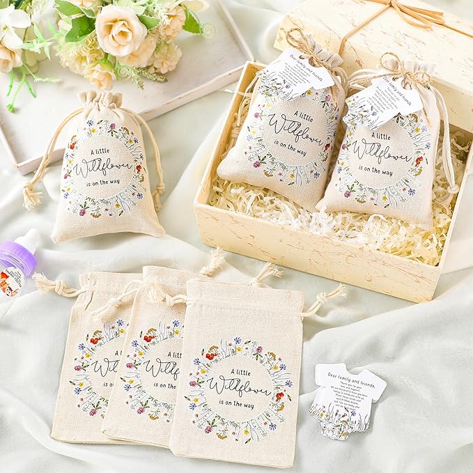 Fumete 25 Sets Wildflower Baby Shower Seed Packets Party Favors for Guests Baby in Bloom Favors Decorations Burlap Bags with Drawstring Thank You Cards and Twine, No Seeds (Wildflower)
