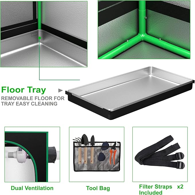 JupiterForce 2x4 Grow Tent with Observation Window and Floor Tray, High Reflective Mylar Hydroponic Grow Tents Indoor Grow Room for Home, Plant Growing, Black, 24"x 48"x 60"