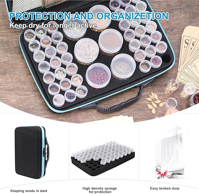 hasumcol 48 Slots Seed Storage Organizer Box, Garden Vegetable Plant Flower Seeds Saving kit with Write Label Funnel Tweezer 2 Sizes Storage Bottles