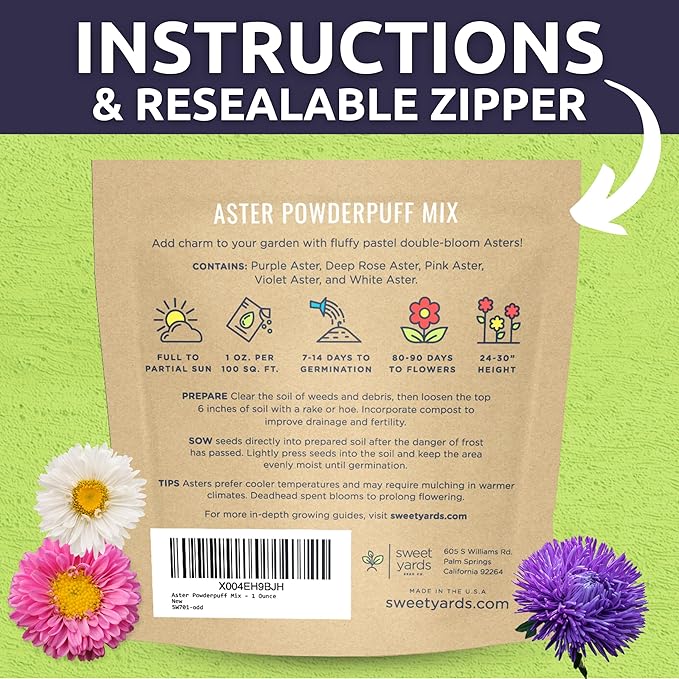 China Aster Seeds - Powder Puff Mix - Large 1 Ounce Packet - 15,000 Flower Seeds for Planting - Callistephus Chinensis