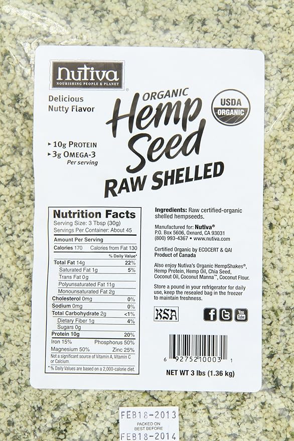 Nutiva Organic Raw Shelled Hemp Seed, USDA, Non-GMO, Non-BPA, Whole 30 Approved, Vegan, Gluten-Free & Keto, 10g Protein and 12g Omegas per Serving for Salads, Smoothies & More, 48 Ounce
