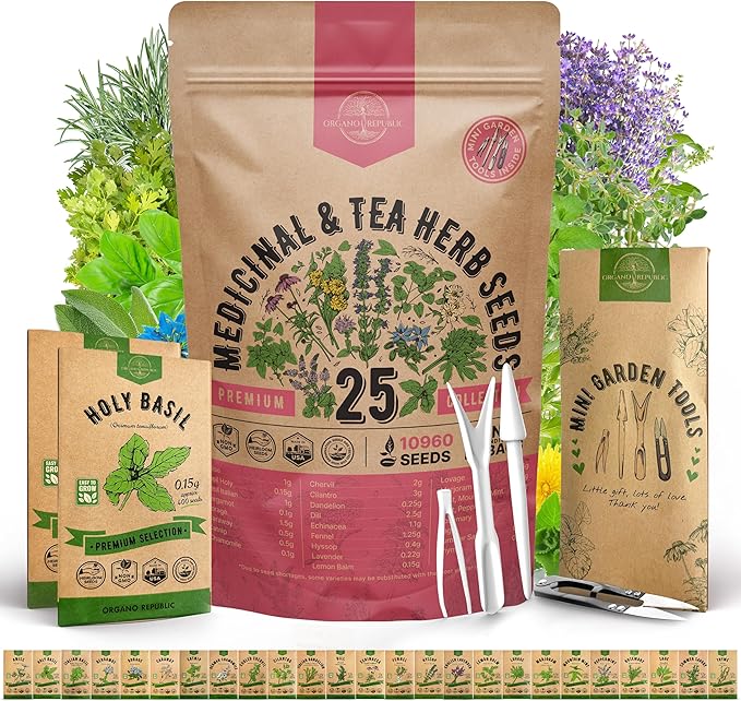 Organo Republic 25 Medicinal & Tea Herb Seeds Variety Pack for Indoor & Outdoors. 10900+ Non-GMO Heirloom Garden Seeds: Anise, Borage, Cilantro, Chamomile, Dandelion, Rosemary, Peppermint Seeds