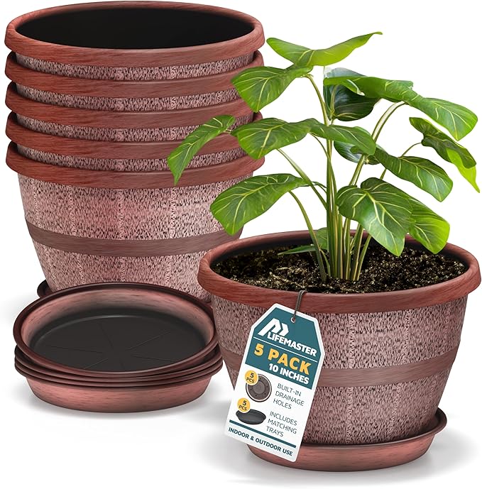 10-Inch Whiskey Barrel Planters Outdoor Pack of 5 - Durable Plastic Plant Pots for Indoor & Outdoor Use with Drainage & Saucer, Lightweight Rustic Barrel Planters for Flowers, Herbs & Small Plants