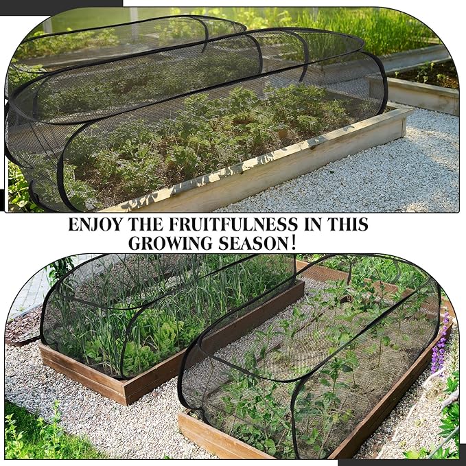 4 Pcs 39" x 18" x 16" Pop up Garden Mesh Plant Cover Outdoor Plant Protector Garden Row Raised Bed Cover with Ground Nails Crop Cage Net for Seedlings Vegetable Fruit Herbs (Black)