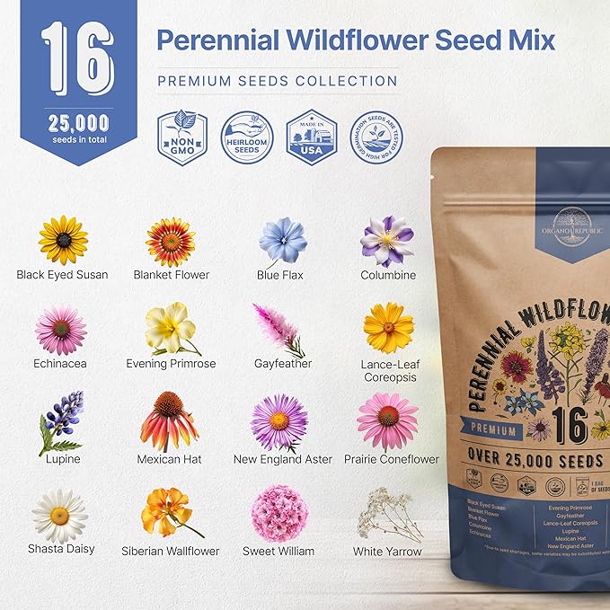 Organo Republic 16 Perennial Wildflower Seeds Mix for Indoor & Outdoors 25,000+ Non-GMO, Heirloom Wildflower Garden Seeds, 1oz Packet for Growing Wild Flowers to Attract Bees, Butterflies & Birds