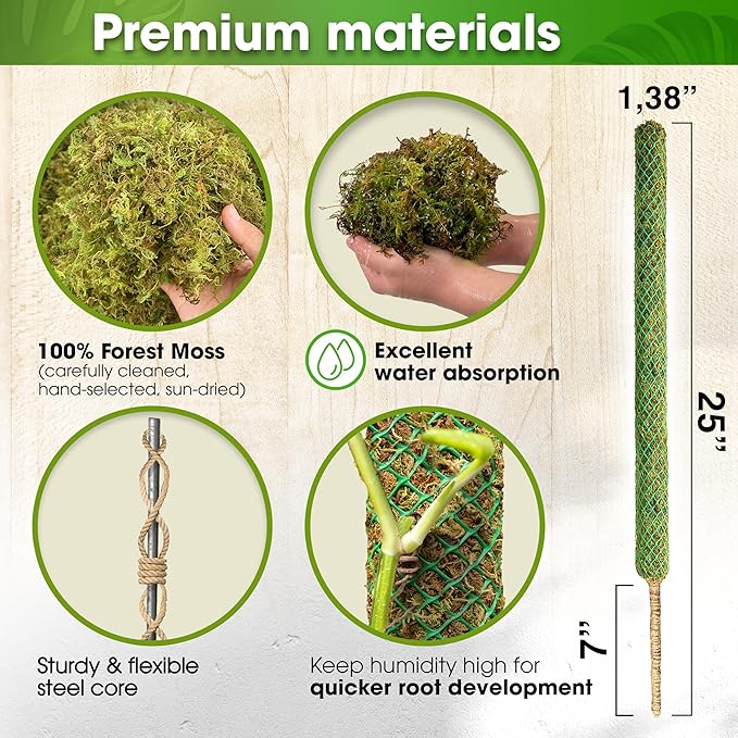 DUSPRO 2 Pack 25’’ Mesh Moss Pole for Climbing Plants, Natural Moss Pole Monstera Plant Support, Real Moss Poles for Plants Indoor, Moss Stick for House Plants, Moss Stakes for Climbing Plants