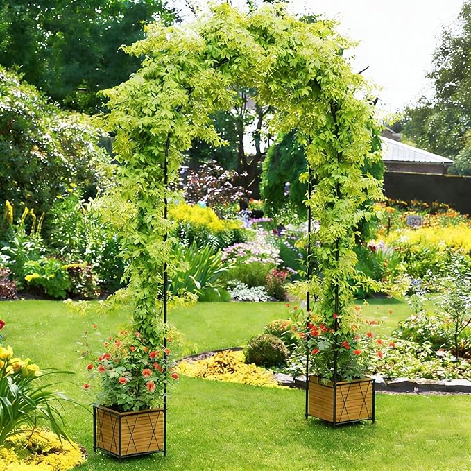 Metal Garden Arch Trellis for Climbing Plants Outdoor, 8.2FT Garden Arbors Archway Arched Trellis with Planter Boxes, Wedding Arches for Ceremony Arch Backdrop Stands for Party Decorations, Black