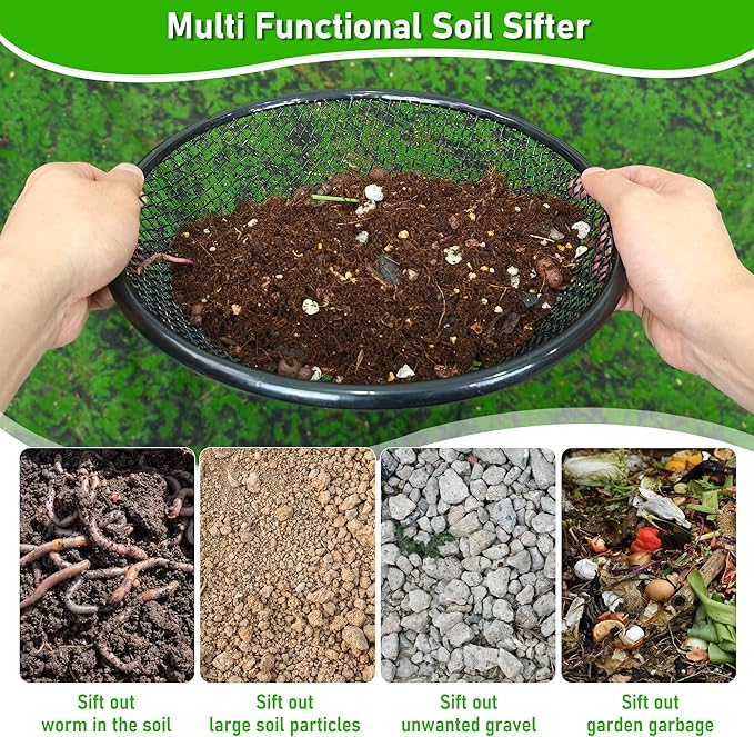 3Pcs 11.8" W Soil Sifter for Gardening, 2,4,6mm Grid Rock Sifter for 5 Gallon Bucket, Stainless Steel Fine Dirt Sifter, Compost Sifter for Capturing Dirt, Sand, Rocks, and Filtering Compost (Black)
