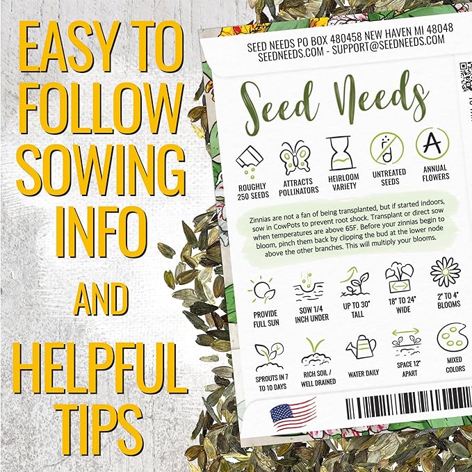 Seed Needs Zinnia Seeds for Planting Candystripe Zinnias - Heirloom & Open Pollinated Annual Cut Flowers - Perfect to Attract Pollinators to a Butterfly Garden (5 Packs)