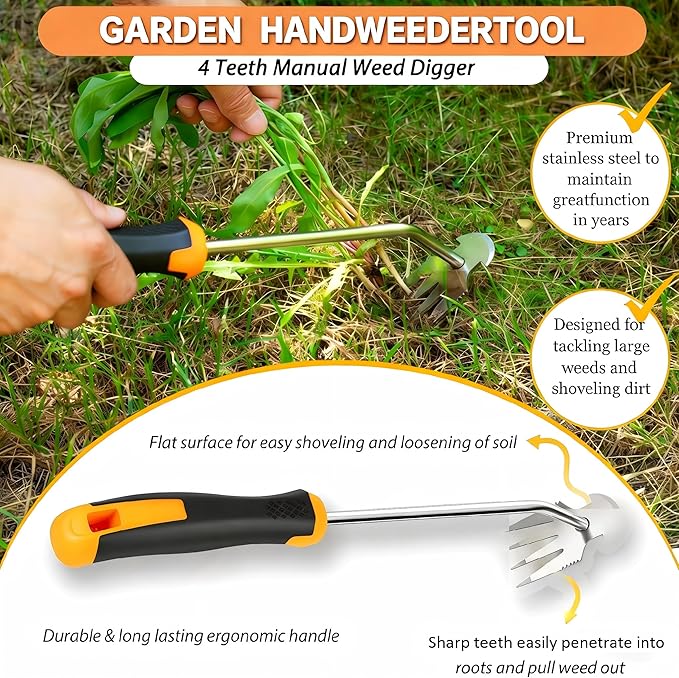 Weed Remover Tool, Portable Garden Weeder, Stainless Steel Weeding Tool with Rubber Handle – Ideal for Backyard Planting, Gardening, and Farm Cultivation