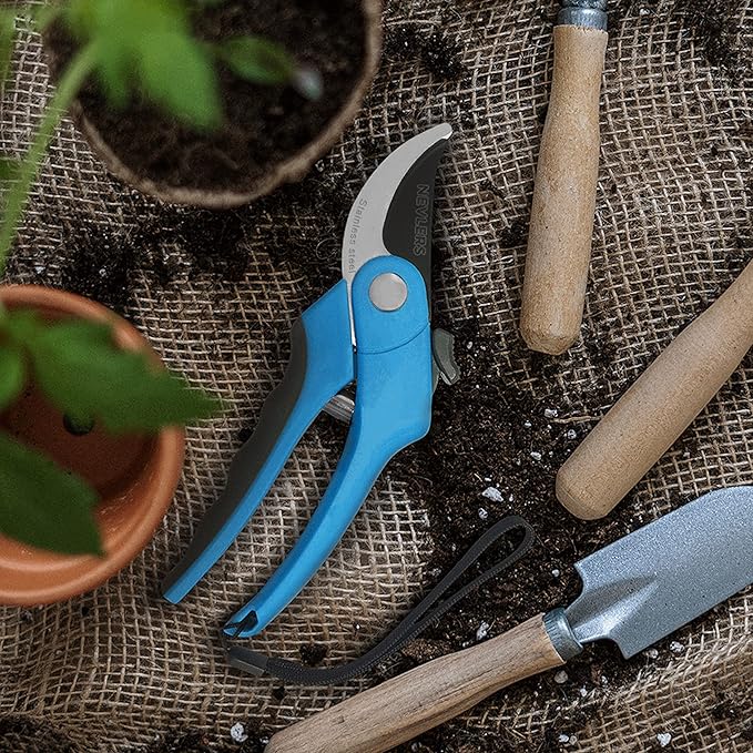 Nevlers 8" Blue Bypass Pruning Shears Heavy Duty | Ergonomic Plant Shears & Floral Scissors w/Steel Blades & Safe Lock | 8mm Cut Garden Clippers Handheld Pruning Scissors for Flower Stems & Branches