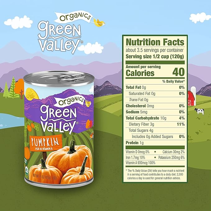 Green Valley Organics Pumpkin | Certified Organic | 100% Dickinson Variety | Sweet Earthy Delicious | Firm & Smooth | Vibrant Autumn Orange | American Grown & Made | 15 oz (Pack of 4)