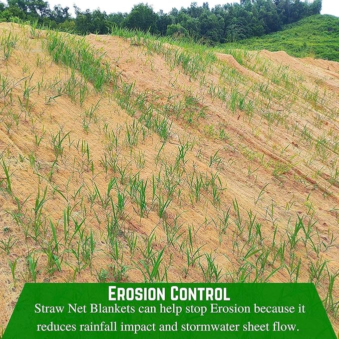 Farm Plastic Supply - Erosion Control Blanket - Straw Garden and Landscape Cover, Erosion Control Blanket, Straw Blanket, Erosion Control, Mulch, Slope Stabilizer, and Seed Protector (2' x 112.5')