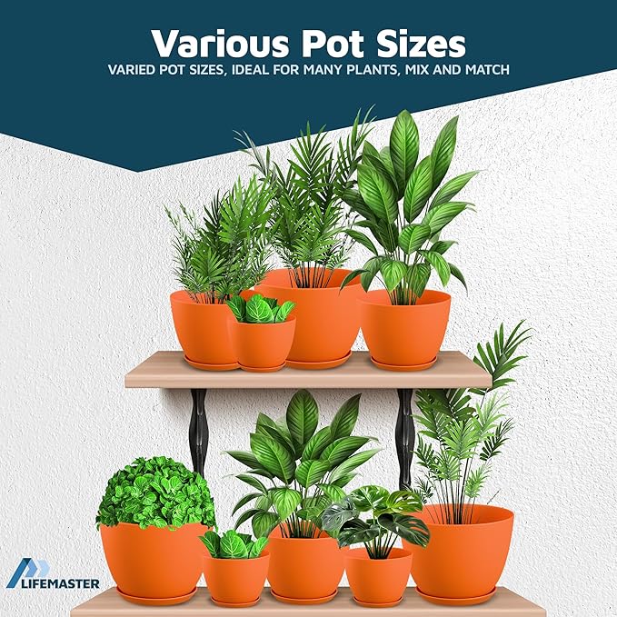 Yellow Plant Pots with Drainage Holes & Saucers 15 Pack, Indoor & Outdoor Stackable Space-Saving Planters for Houseplants & Flowers, (7", 6.7", 6", 5.3", and 4.8" Inches), Durable & Weatherproof