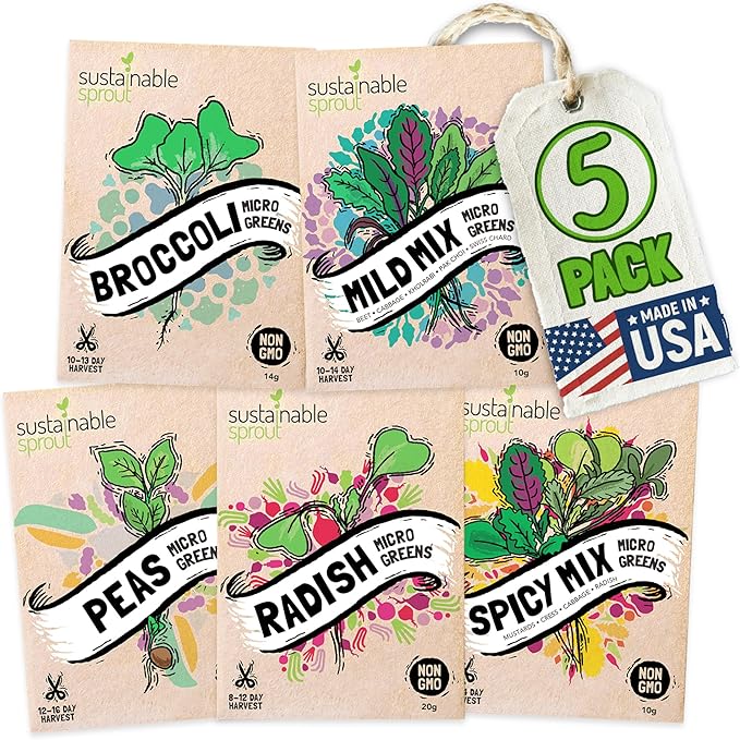 Microgreens Seeds Growing Kit: 5 Micro Green Variety Pack, Broccoli, Beets, Arugula, Spicy, Mild Mix, 100% Non GMO Sprouting Seeds, Organic Microgreen Seed Planting Indoor Garden by Sustainable Sprout