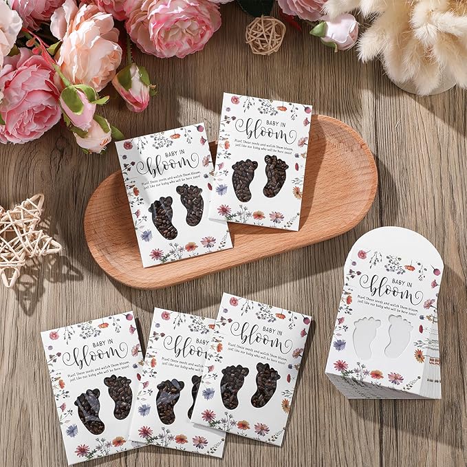 Fumete 50 Pack Footprint Style Baby in Bloom Baby Shower Favor for Guest Wildflower Seeds Packets Party Favor with Love Window Wildflower Seed Envelopes for Wedding Party Gender Reveal