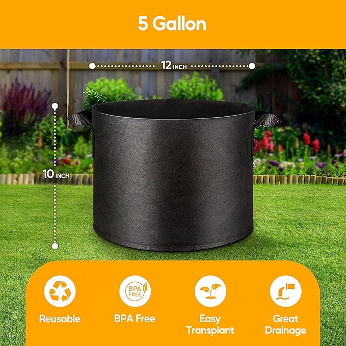Simple Deluxe Grow Bags 5 Gallon 10 Pack Planter Pots with Handles, Thickened Nonwoven Fabric Aeration Cloth Bag, Heavy Duty Gardening for Tomoato, Potato, Vegetable, Herbs and Flowers, Black