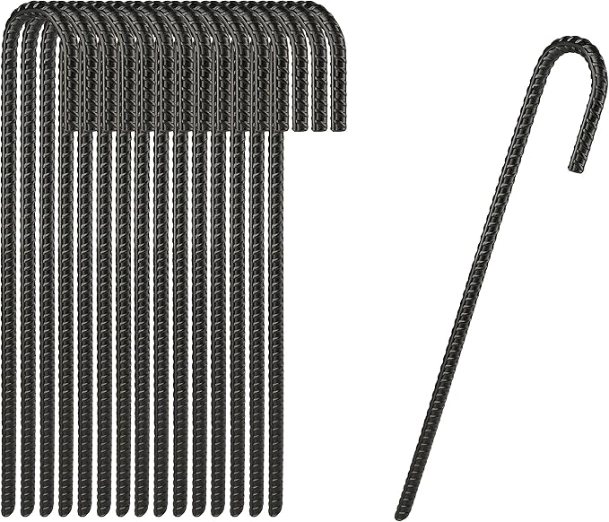NHZ 12” Ground Rebar Stakes (16pcs) Heavy Duty J Hook Ground Anchors, Curved Steel Plant Support Garden Stake with Chisel Point end, Hammer for Camping Tent - Black Powder Coated