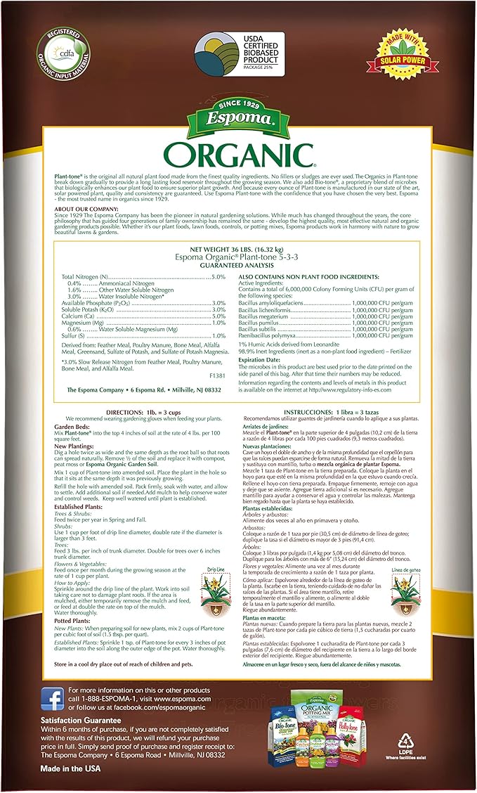 Espoma Organic Plant-Tone 5-3-3 Natural & Organic All Purpose Plant Food; 36 lb. Bag; The Original Organic Fertilizer for All Flowers, Vegetables, Trees, and Shrubs.