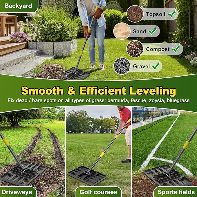 Lawn Leveling Rake, Heavy Duty 17" x 10" Stainless Steel Lawn Leveler for Soil Dirt Leveling Spreading,72" Adjustable Long Handle,Golf Field,Lawn,Tight Spot Landscaping Tool,Ground Leveler for Yard