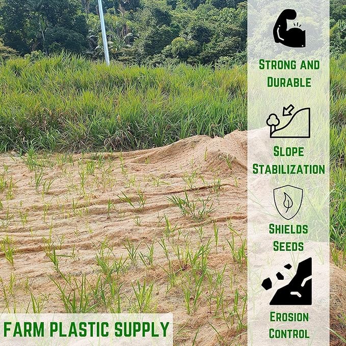Farm Plastic Supply - Erosion Control Blanket - Straw Garden and Landscape Cover, Erosion Control Blanket, Straw Blanket, Erosion Control, Mulch, Slope Stabilizer, and Seed Protector (2' x 112.5')