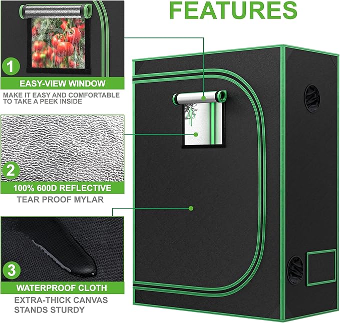 JupiterForce 2x4 Grow Tent with Observation Window and Floor Tray, High Reflective Mylar Hydroponic Grow Tents Indoor Grow Room for Home, Plant Growing, Black, 24"x 48"x 60"