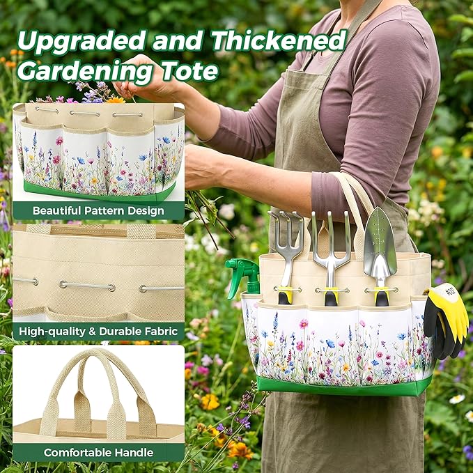 Gardening Tools 10-Piece, Heavy Duty Garden Tool Set with Fashion and Durable Garden Tools Organizer Handbag, Rust-Proof Gardening Hand Tools Weeding Kit, Ideal Gardening Gifts for Women