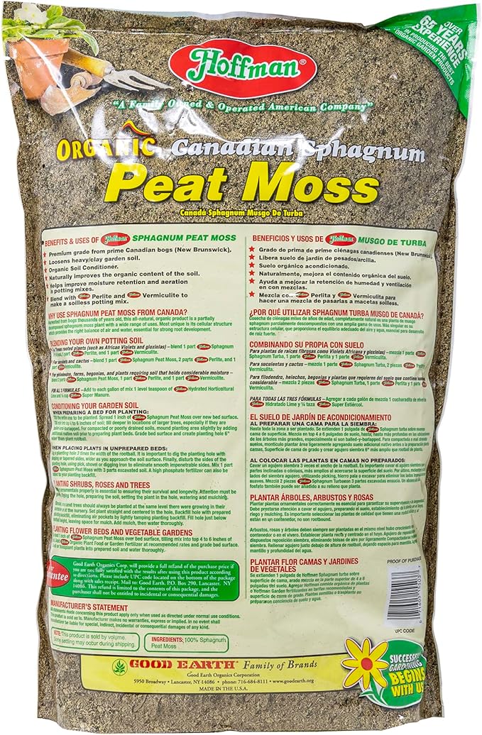 Hoffman Canadian Sphagnum Peat Moss Soil Conditioner to Improve Moisture Retention and Aeration, 10qt Bag, Pack of 5