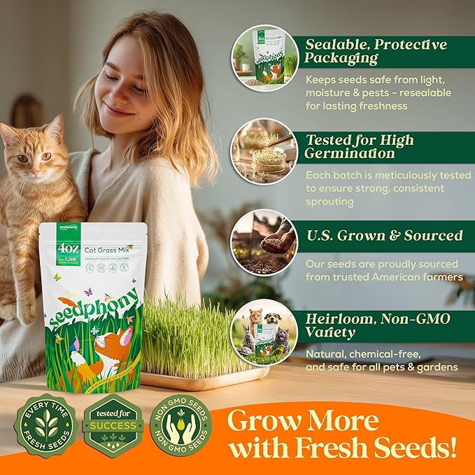 Seedphony Cat Grass Seed Mix – 4 oz Pack with 5,200 Non-GMO Heirloom Seeds for Cats, Barley, Oat, Rye & Wheatgrass for Indoor Growing, Fresh Pet Grass for Digestion & Hairball Control