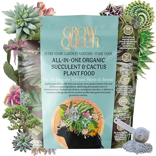 Grow Queen All-In-One Organic Succulent Fertilizer, Cactus Fertilizer, Succulent Plant Food, Bonsai & Cactus Food, 3 lb bag = 75 Single Servings, Fast & Slow Release feeds up to 300 plants for 8months