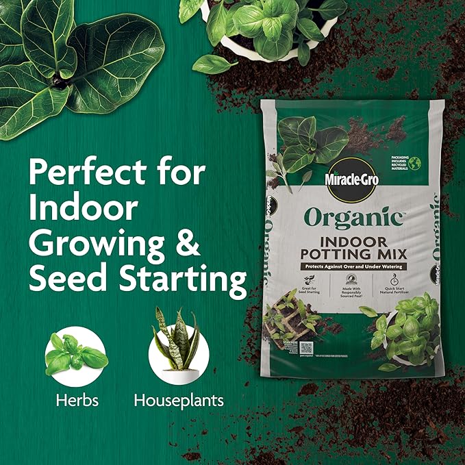 Miracle-Gro Organic Indoor Potting Mix - Protects Against Over and Under Watering, Planting Soil for Indoor Container Plants, Houseplants and Starter Plants, OMRI Listed, 16 qt.