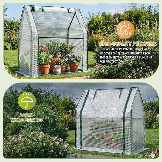 Outvita Mini Greenhouse, Outdoor 3'x3'x3' UV Protected 2-Layer PE Cover Plant Hot House for Flowers, Seed and Vegetables Protection with Roll-up Zippered Doors for Patio Balcony Backyard