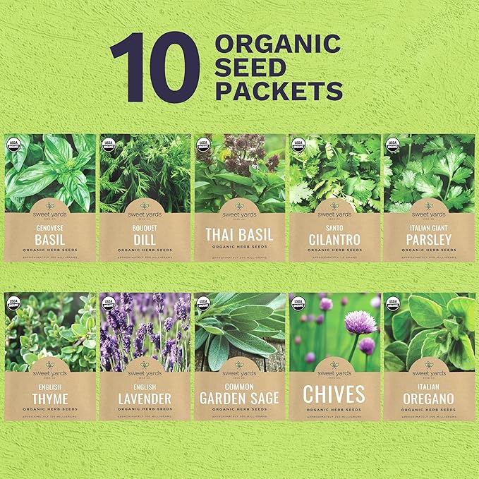 Organic Herb Seeds Variety Pack - 10 Individual Packs - 2026 Season - Basil, Cilantro, Dill, Thyme, Parsley and More! for Indoor & Outdoor Planting (Non-GMO, Certified Organic)