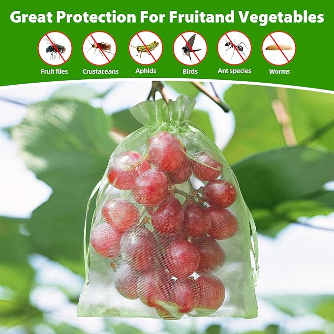 EWPJDK 70pcs Fruit Protection Bags 6x8 inch Green Netting Cover Drawstring Mesh Tomato Protectors Bags Pest Barrier for Blueberry Small Fruit Veggies Garden (70, 6x8 inch)
