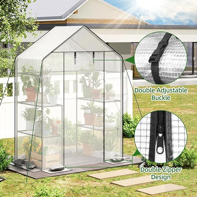Superlele Walk-in Greenhouse for Outdoor, 56x29x77 Inch Portable Garden Green House with 6 Tiers (3 Tiers Each Side), Reinforced White PE Mesh Cover, 4 Ground Stakes for Stability, Zippered Door