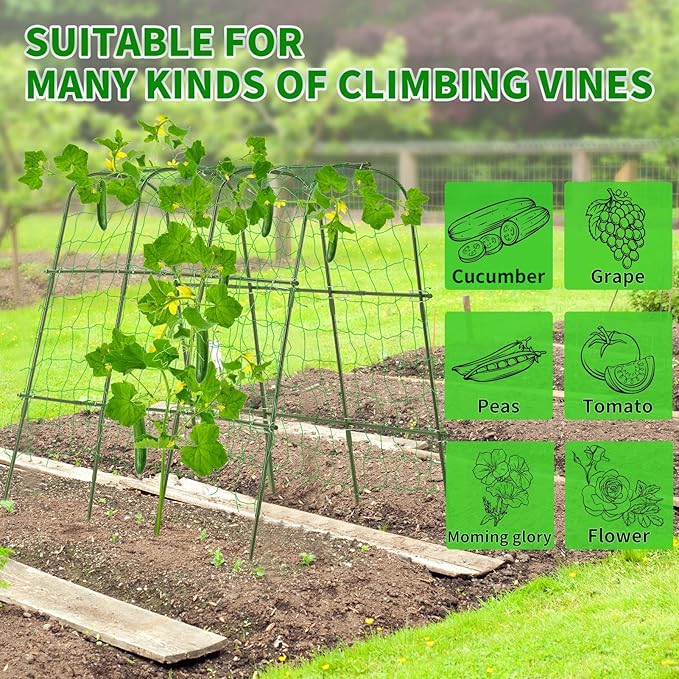 lalahoni Garden Trellis for Climbing Plants Outdoor, Cucumber Trellis U-Shaped Metal Garden Arch Plant Support with Climbing Net for Vegetable, Flower, Tomato, Bean, Green
