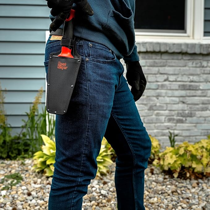 Root Slayer 17011 Garden Trowel with Holster for Digging, Planting, and Root Cutting, Serrated Steel Blade, Red